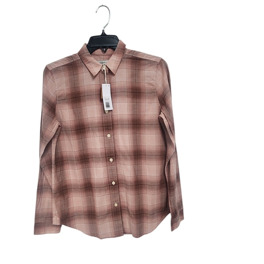 NWT Outerknown Women's Plaid Button Up Long Sleeve Shirt‎ XS Pink Brown